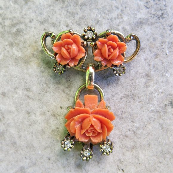 Vintage Brass Filigree Brooch w/Coral Celluloid Roses  Vintage Coral Color Roses Gold Metal Brass Brooch Made in Japan, Floral Brooch